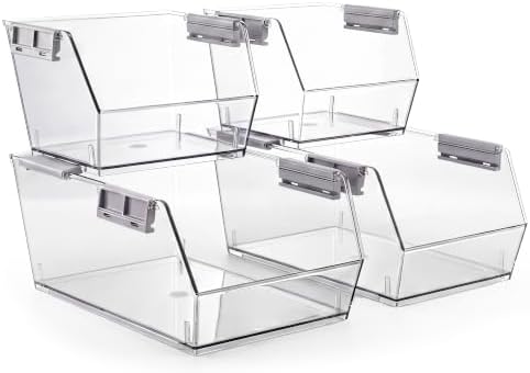 HOMESTEAD Set of 4 Stackable Storage Bins, 2 Large + 2 Small Clear Plastic Organizer Bins, Open Front Design for Kitchen Pantry, Fridge, Cabinet, Bathroom Organization and Snack Storage by Homestead