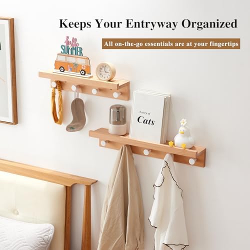 Wall Hooks with Shelf 19 inch, Beech Wood Entryway Wall with 4 Hooks, Floating Shelf Coat Rack for Bathroom, Living Room, Bedroom - Image 4