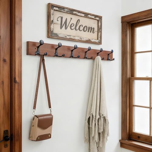 SKOLOO 36-Inch Wood Coat Rack Wall Mount with 6 Triple Hooks - Ideal for Family Entrances, Classrooms, and Pet Supplies Storage - Perfect Coat Hooks for Wall,Mahogany (Sapele), Pack of 2 - Image 2