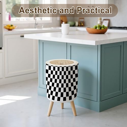 Trash Can with Lid White Black Squares Chess Board Checker Board Abstract Small Garbage Can with Legs Waste Bin Press Cover Wastebasket for Kitchen Bathroom Living Room 7L/1.8 Gallon - Image 3