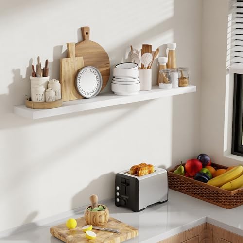 Acovy 48 Inch Floating Shelves, 8 Inch Deep Floating Shelves for Wall, Hanging Shelf with Invisible Brackets, Deep Shelves for Bathroom, Bedroom, Living Room, White, Set of 1 - Image 2