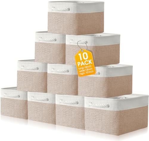 FoldTier 10 Pack Large Collapsible Fabric Storage Baskets with Handles Decorative Storage Bins for Organizing Shelves Toys Clothes(White & Beige,16 x 12 x 10 Inches) by FoldTier