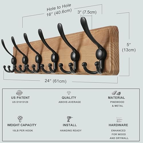 Dseap Coat Rack Wall Mounted - 24" Long 6 Tri Hooks, Heavy Duty Wooden Wall Coat Hanger Coat Hook for Clothes Hat Jacket Clothing, Weathered Brown and Black, Pack of 2 - Image 6