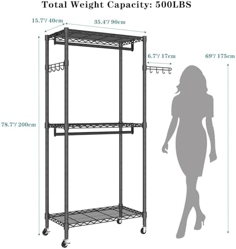 Heavy Duty Rolling Garment Rack, 3 Tiers Wire Shelves Adjustable Freestanding Portable Rolling Clothing Rack with Lockable Wheels, 35.4''L x 15.8''W x 78.8''H, Max Load 420LBS - Image 5