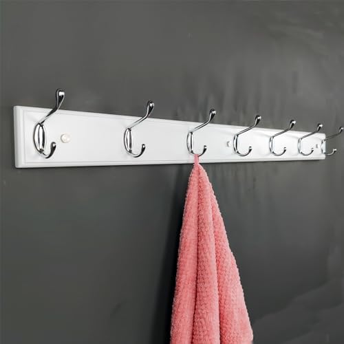 Wooden Wall Mounted Coat Rack – 35 Inch, White with 7 Silver Hooks for Entryway, Hallway, Bedroom - Image 4