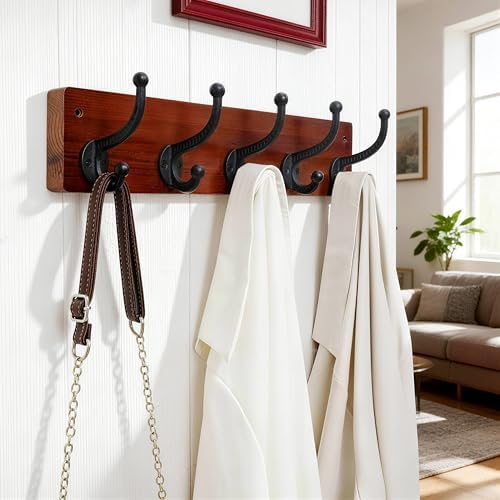 WEBI Rustic Coat Rack Wall Mount,5 Cast Iron Coat Hooks Wall Mounted,Heavy Duty Wood Wall Coat Hanger Hooks for Hanging Coats,Jacket,Clothes,Backpack,Farmhouse,Cherry,2 Packs - Image 3