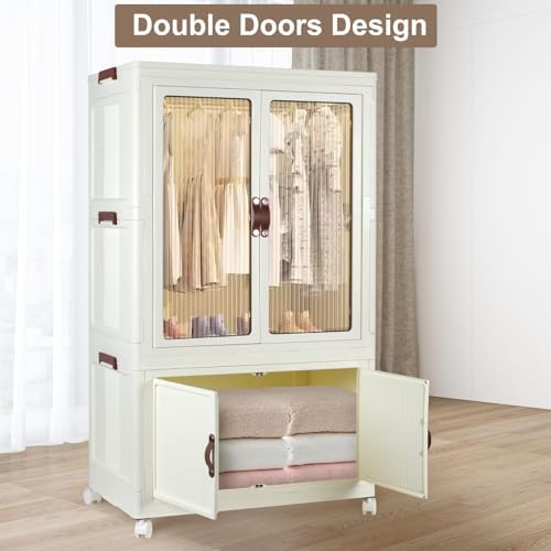 FozsKeylf Stackable Closet Storage Bins, Collapsible Clothes Organizers, Portable Wardrobe Closet with Lids and Doors, Movable Clothes Storage with Coat Hangers, White - Image 5