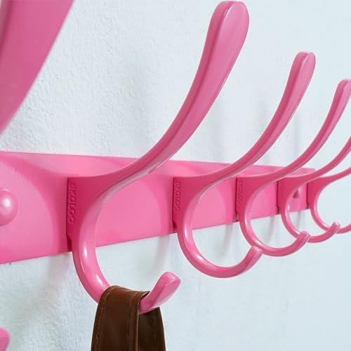 SKOLOO Wall Mounted Coat Rack - 6 Hooks, Pack of 2, Heavy Duty, Stainless Steel, Metal Wall Hanger, Sturdy Coat Hooks for Hanging Coats, Jackets, Clothes, Hats - Pink - Image 6