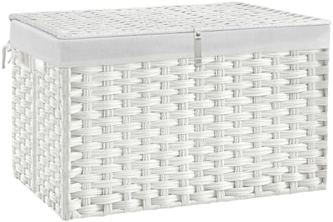 180L Wicker Storage Basket with Lid, Handwoven Rattan Large Shelf Basket with Removable Liner, 47.6 Gallon Wicker Basket for Blanket, Storage Trunk with Handle for Closet, Bedroom, Livingroom, White by Hiagnete