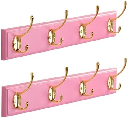 Wall Mount Bamboo Coat Rack, 17 Inch, 4 Double Hooks,2 Pack, Pink and Gold by JYLHOME