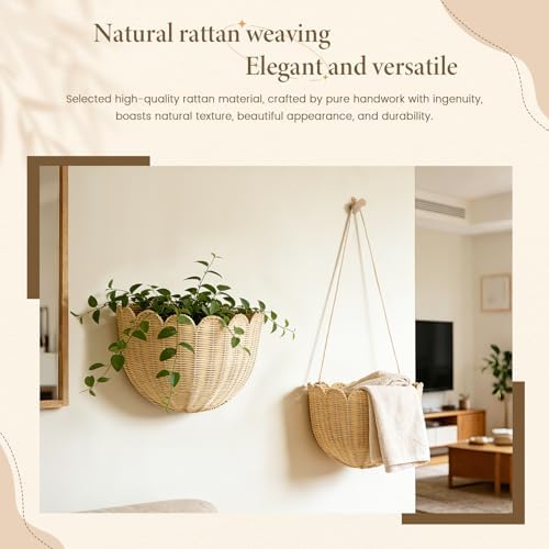Natural Handwoven Scalloped Wall Basket Set of 2, Premium Rattan Wicker Wall Hanging Organizer for Boho Home Decor, Decorative Wall Storage for Bathroom, Entryway, Living Room & Craft Room - Image 3