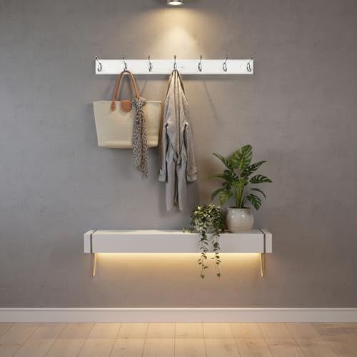 Wooden Wall Mounted Coat Rack – 35 Inch, White with 7 Silver Hooks for Entryway, Hallway, Bedroom - Image 5