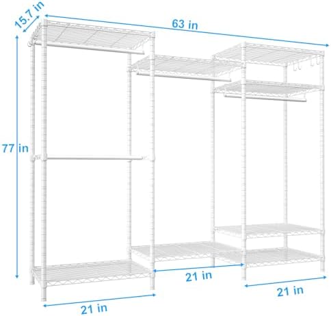 Ulif E13 Heavy Duty Clothes Rack（With 4 Hanger Rods & 8 Shelves） Freestanding Clothing Racks for Hanging Clothes，Adjustable Closet Organizer，Metal Garment Rack 63" W x16 D x77 H，Max Load 900LBS，White - Image 2