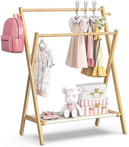 BAMBOOHOMIE Kids Clothing Rack, Small Clothes Rack for Toddler Pets, Kids Dress Up Rack with Storage Shelf & Double Rods, Foldable Kids Clothes Rack for Nursery Child's Room (Regular Size) by BAMBOOHOMIE