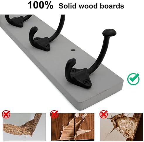 WEBI Rustic Coat Rack Wall Mount,24" Long 6 Cast Iron Coat Hooks Wall Mounted,Heavy Duty Farmhouse Wood Coat Hanger Wall Antique Vintage Hooks for Hanging Jacket,Clothes,Backpack,Gray,2 Packs - Image 6