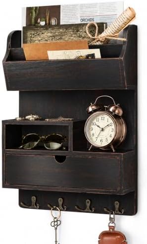 Rebee Vision Pine Wood Key Holder Wall Mount with Drawer, Distressed Black by REBEEVISION