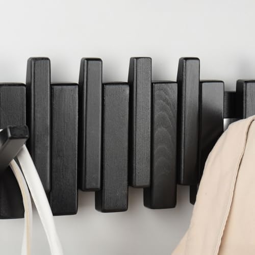Beech Piano Key Coat Rack with 8 Flip Hooks, Black - Image 7