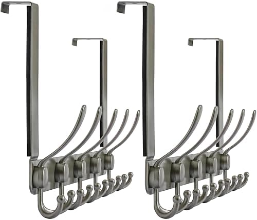 Dseap Over The Door Hook Hanger - Fits 1 3/8" to 1 3/4" Standard Doors | 5 Tri Hooks Heavy Duty Towel/Coat Rack | Door Organizer for Clothes, Jackets, Hats, Towels, Grey, Pack of 2 by Dseap