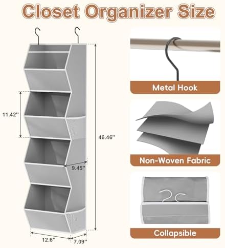 Wawocs 4 Shelf Hanging Closet Organizers and Storage for Kids 2 Packs, Grey - Image 3