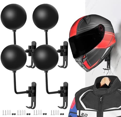 SANGMO 180° Motorcycle Helmet Rack, 4 Pack Rotation Metal Helmet Holder Wall Mount, Helmet Holder Bike with 2 Hooks Helmet Hanger for Motorcycle Bike Coats, Caps, Baseballs, Rugby Helmet (Black) by SANGMO