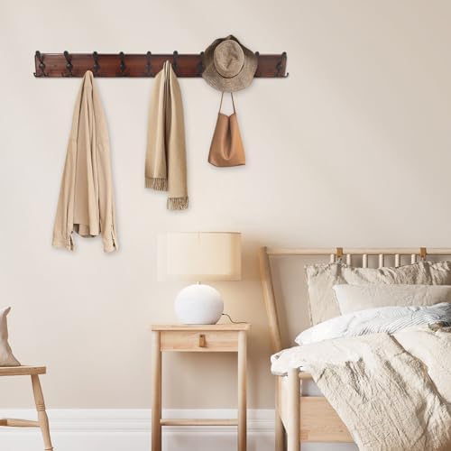 Kuhome 38.6'' Large Coat Rack Wall Mount Coat Hooks Coat Hanger with 10 Metal Black Triple- Hooks Brown Pine Real Wood Plank Hat Rack for Wall Hooks for Hanging Coat Hat Jacket - Image 6