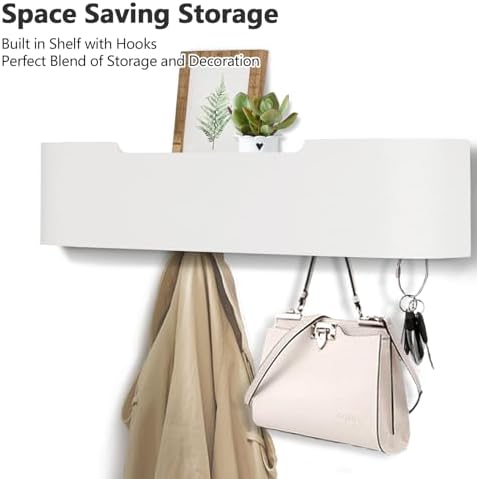 Coat Rack Wall Mount with Hidden Hooks Modern Key Holder Wood Entryway Hook with Shelf for Bedroom Kitchen Hallway Bathroom Designed for Hanging Coats Hats Bags Towels Dog Leashe(White,5 Hooks) - Image 2