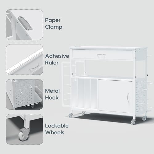 Height-Adjustable Gift Wrapping Station with Paper Clamp & Adhesive Measuring Tape,Rolling Wrapping Paper Cart with Ribbon & Gift Bag Storage, Craft Organizer Workstation (White) - Image 4