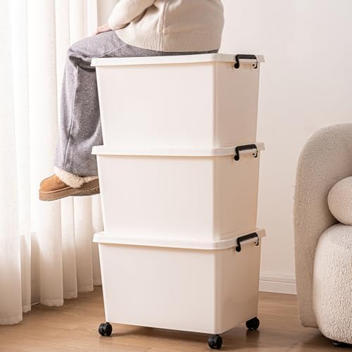 YUNGSHY 60 Quart white plastic large storage bins with lids,Durable Nestable container Secure Pull Handle organizing for home,school and office (white, 3 L) - Image 2