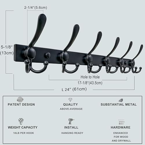 Dseap Coat Rack Wall Mount 24 Inch, Heavy Duty 12-Gauge Base vs Flimsy 1mm, Double-Thick Solid Anti-Snap Hooks, Stainless Steel 6-Hook Hanger Organizer for Clothes Hat Closet Entryway, Black - Image 3