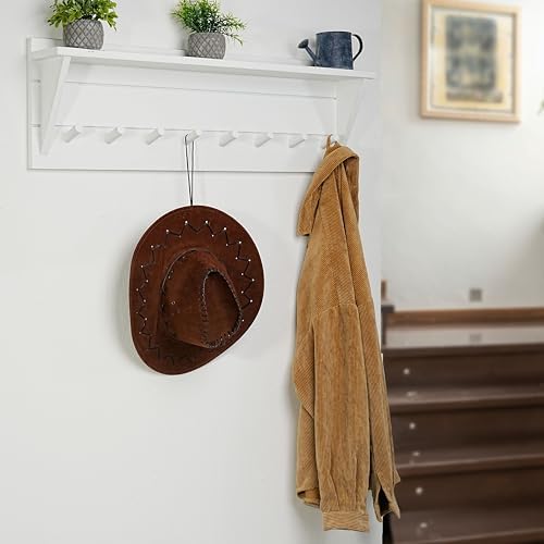 WEBI Coat Rack Wall Mount with Shelf,8 Peg Hooks,34" Long Entryway Wall Shelf with Hooks Underneath for Hanging Coats,Caps,Jacket,Clothes,White - Image 2
