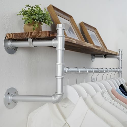 WEBI Wall Mounted Clothes Rack with Shelf,41.3" Industrial Pipe Clothing Rack with Shelf with Hanging Rod,Heavy Duty Iron Garment Rack Bar,Retail Display Clothes Rod for Laundry Room,Closet,Silver - Image 3