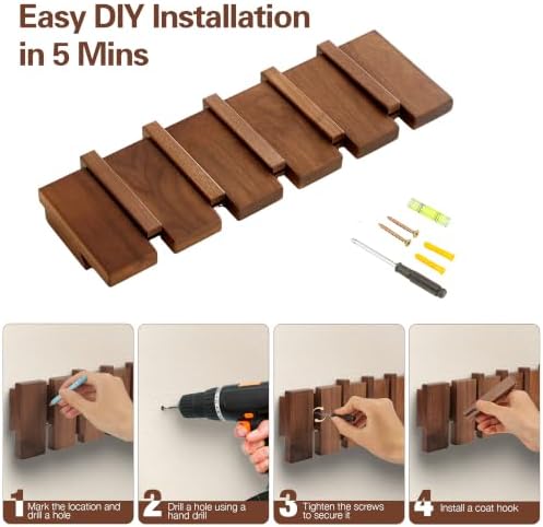 Coat Rack Wall Mount, Walnut 5 Flip-Down Picket Hanger Hooks for Entryway - Image 7