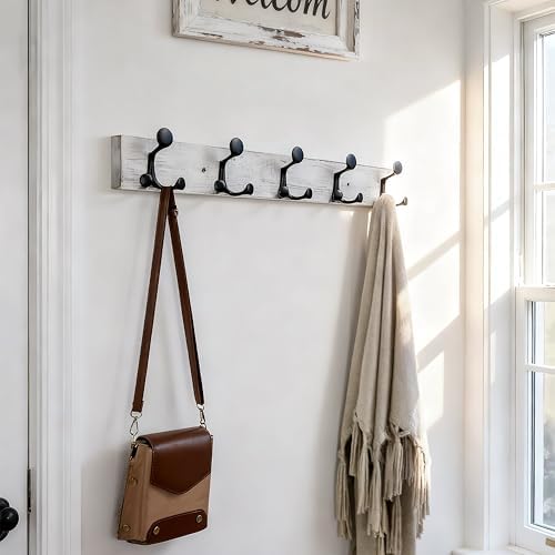 SKOLOO 24-Inch Wood Coat Rack Wall Mount with 5 Triple Hooks - Ideal for Family Entrances, Classrooms, and Pet Supplies Storage - Perfect Coat Hooks for Wall,Distressed White Wash - Image 2