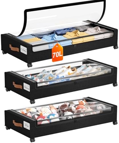 Yecaye 70 L Under Bed Storage with Wheels, 3 Pack Larger Capacity Under Bed Storage Containers, Underbed Shoe Storage Organizer, Rolling Under Bed Metal Drawers for Clothes, Blankets, Black by Yecaye