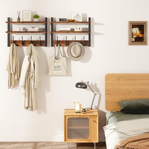 Double Shelf Coat Rack Wall Mount with 8 Hooks, Rustic Brown HWS009H-2 - Image 6