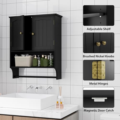 Black Bathroom Cabinet with Towel Rack, Bathroom Wall Cabinet with 2 Doors and Adjustable Shelf, Medicine Cabinet Wall Mount, Over The Toilet Storage - Image 5