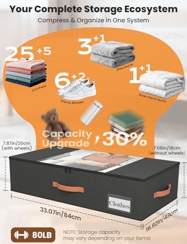 TOSKING 2-Pack Under Bed Storage Drawers with Wheels, 6 Vacuum Bags, 7.9" Height, Large 65L/80 lbs Clear Lid Rolling Bin, 900D Oxford, Space Saver for Dorm Bedroom, Blankets, Clothes, Shoes, Black - Image 5
