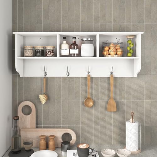 Wall Mounted Coat Rack with Shelf - Wall Hooks with Shelf, Entryway Hanging Shelf with 4 Dual Hooks for Clothes Hats Towel Purse Robes, Bathroom Mudroom Bedroom - 39"x8"x14" (White) - Image 4