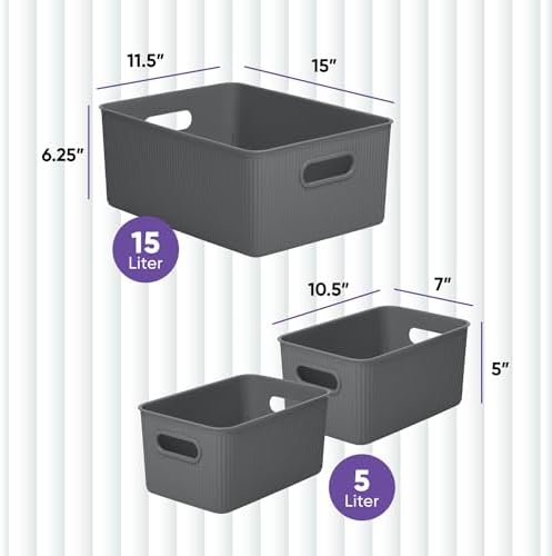 Superio Ribbed Collection - Decorative Plastic Basket Open Home Storage Bins Organizer, Grey (Set of 3) 1 Large, 2 Medium - Container Boxes for Organizing Closet Storage Bins for Shelves Drawer Shelf - Image 2