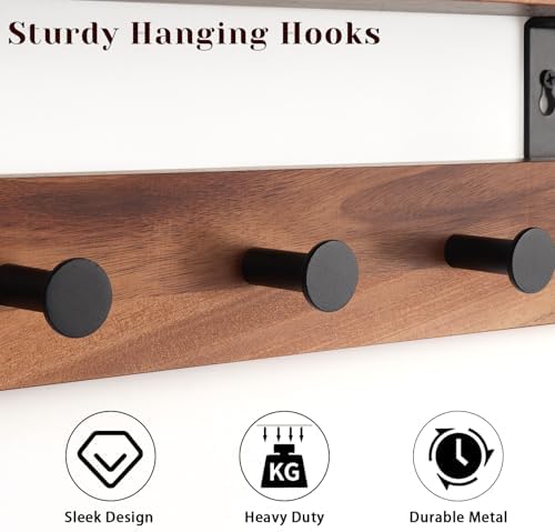 Coat Rack Wall Mount with Shelf, 17" Walnut Wood Wall Shelf with Hooks, Entryway Floating Shelves with 5 Metal Hangers for Coats, Backpacks, Living Room, Bedroom, Bathroom - Image 3