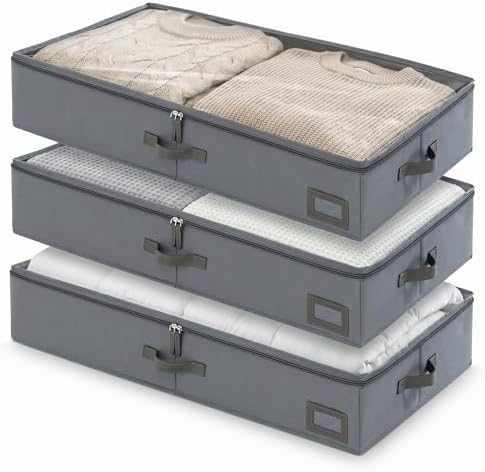 6" Versatile Under Bed Storage Bins (3-Pack, Charcoal Grey), Sturdy 600D Oxford Fabric Clothes Organizer Containers with Matching Vegan Leather Handles for Sweaters, Linens & Bedding by PLUMGEAN