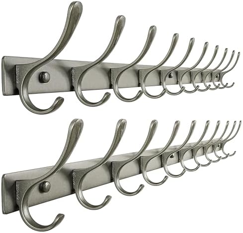 SKOLOO Coat Rack Wall Mounted - 10 Hooks, Pack of 2, Heavy Duty, Stainless Steel, Metal Wall Hangers, Sturdy Coat Hooks for Hanging Coats, Jacket, Clothes, Hat, Matte Grey by SKOLOO