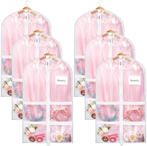 Nuenen 6pcs Garment Bags for Dance Costume Clothing Bags Hanging Clothes Clear Dance Garment Carrier for Dancers with 5 Zipper Pockets Closet Hanging Clothes Cover (White,40 Inch) by Nuenen