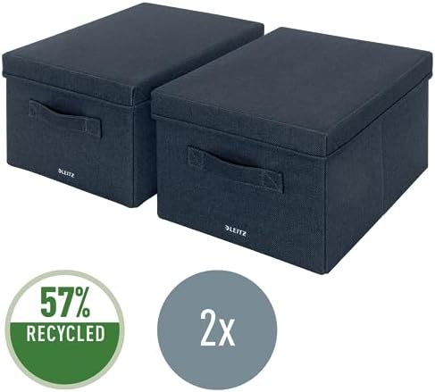 Leitz fabric storage box with lid, set of two storage cubes, foldable ottoman storage box, eco-friendly recyclable organizer box, velvet grey, medium size, 61440089 - Image 3