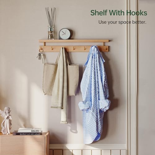 Solid Wood Wall Hooks with Shelf, Coat Rack Wall Mount, Entryway Hanging Shelf with 7 Brass Hooks for Hats, Clothes, Towels, Bags, Beech Wood, Natural - Image 3