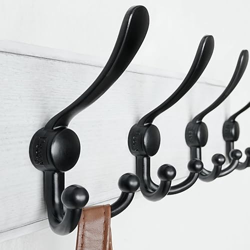 Dseap Coat Rack Wall Mounted - 5 Tri Hooks, Heavy Duty, Wooden Wall Coat Hanger Coat Hook for Clothes Hat Jacket Clothing, White & Black, Pack of 2 - Image 2
