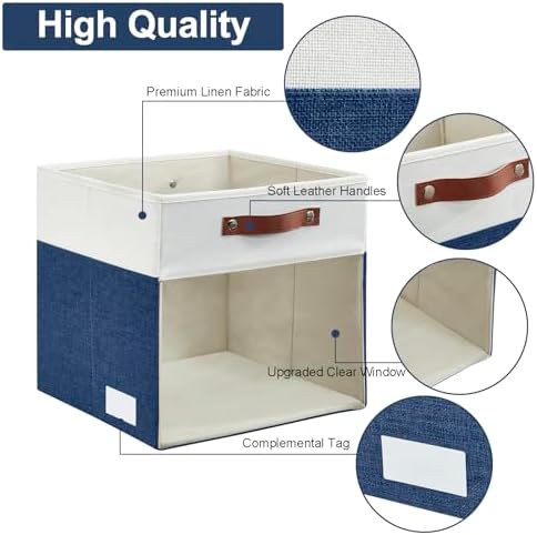 Bagnizer Storage Cubes, 4 Pack Linen Foldable Storage Bins (13 x 13 inch) with Clear Window and Handles, Fabric Organizer for Shelf Closet, Clothes, Books - (Navy Blue and White) - Image 4