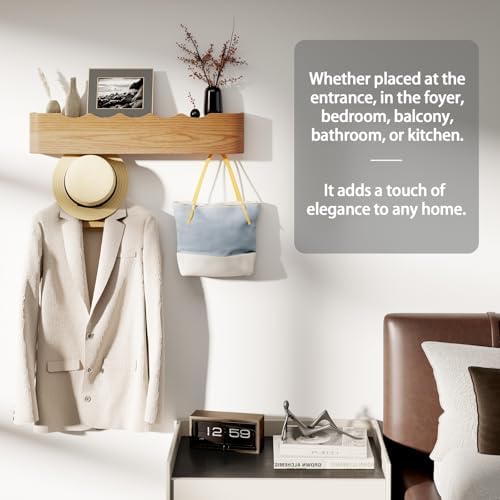 Coat Rack Wall Mount with Shelf 5 Hidden Hooks Modern Wooden Key Holder Entryway Organizer for Hallway Bedroom Bathroom Home Decor Storage for Hanging Coats Hats Bags Towels, Wave-Shape Oak - Image 6