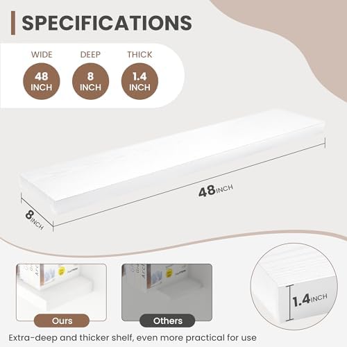 Acovy 48 Inch Floating Shelves, 8 Inch Deep Floating Shelves for Wall, Hanging Shelf with Invisible Brackets, Deep Shelves for Bathroom, Bedroom, Living Room, White, Set of 1 - Image 3