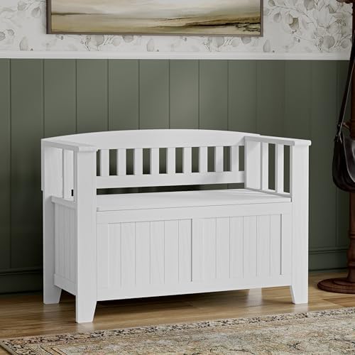 SIMPLIHOME Acadian 36" Wide Solid Wood Storage Bench in White - Image 2